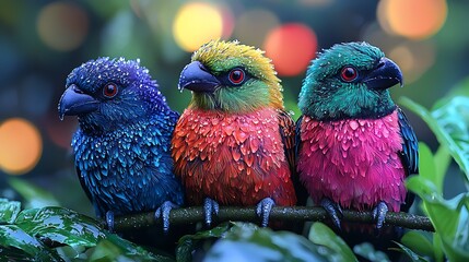 Three vibrant, wet birds perched on a branch, colorful bokeh background.