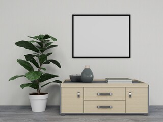 Blank horizontal frame mockup on a wall and decoration with sideboard and plant. 3D rendering, interior design, 3D illustration