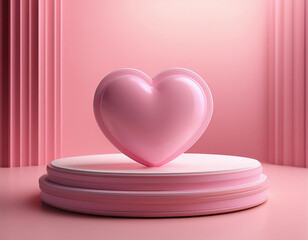 A glossy pink heart sits atop a round pink platform against a soft pink background with vertical striped columns.