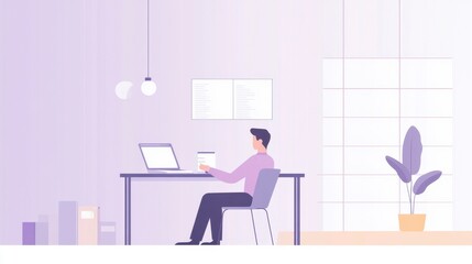 Smiling Man Working on Laptop in Modern Office - Minimalist Design