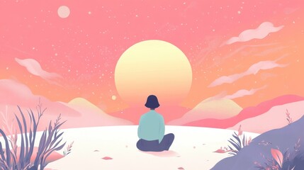 Obraz premium Contemplative Woman Meditating on Pink Sunset Hilltop
