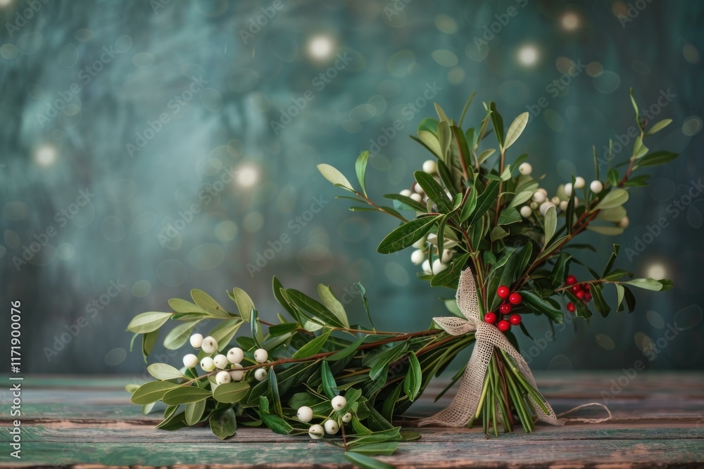 Poster two christmas bouquets tied with string, adorned with red and white berries, create a festive scene 