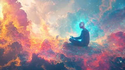Obraz premium Serene Man Meditating in Cosmic Nebula - Spiritual Artwork