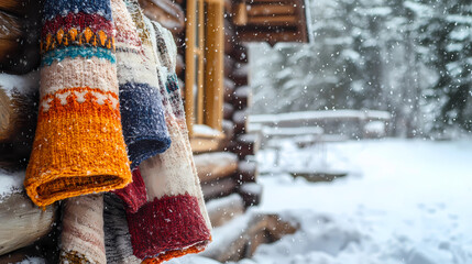 Cozy Thick Wool Blankets Against a Snowy Cabin Backdrop