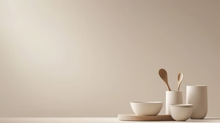 A white wall with a wooden spoon and two bowls on a table