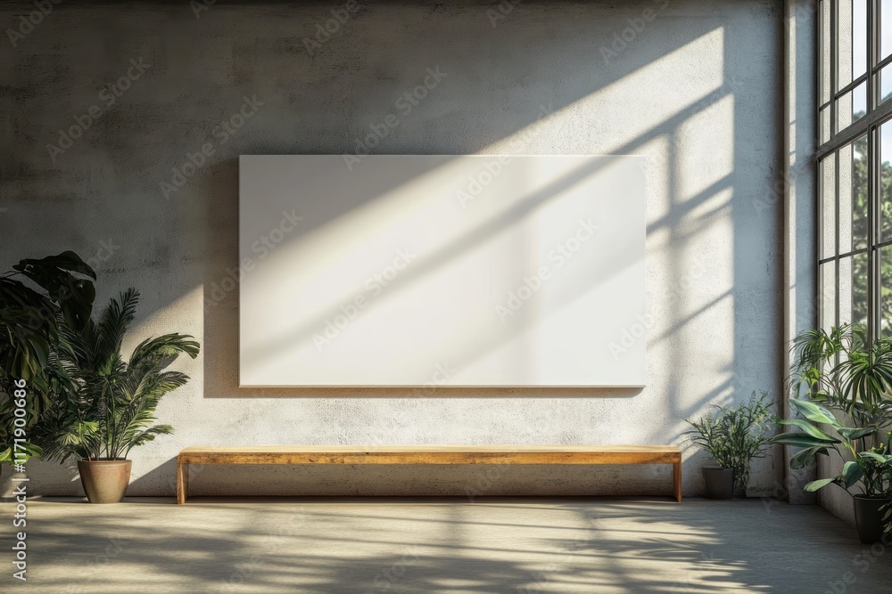 Poster minimalist interior space with blank canvas and soft natural light