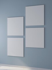 Mockup of four square frames on a blue wall. 3D rendering, interior design, 3D illustration