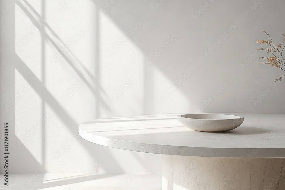 Poster minimalist round marble tabletop with soft shadows on white wall for product display mockup