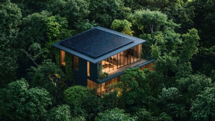 An architectural marvel nestled in lush greenery, harmonizing modern design with nature, featuring solar panels and panoramic views of the vibrant surrounding forest.