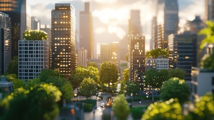 Obraz premium A captivating view of a modern city skyline during sunset, radiating warmth and tranquility as the buildings reflect golden light through lush greenery and vibrant streets.