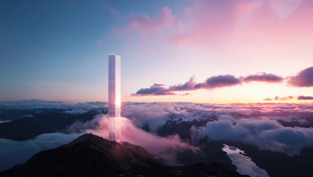 A captivating view of a futuristic tower piercing through clouds at dawn, surrounded by majestic mountains under a beautiful pastel sky, evoking wonder and tranquility.