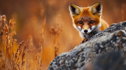 Obraz premium A curious fox peeks from behind a rock in a warm, autumn landscape.