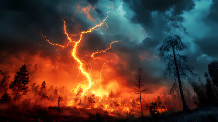 Fototapeta premium Lightning etches the sky in a twilight turmoil over a forsaken, flame-lit landscape. 3d rendering colored lightning strike. Flamelit. Illustration