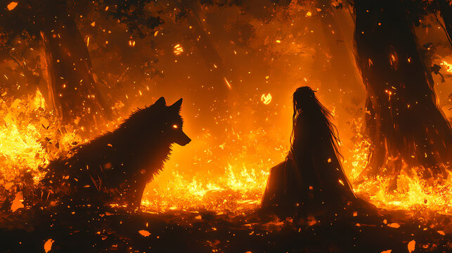 Mystical encounter: woman and luminous wolf amidst flame-lit wilderness. Flamelit. Illustration