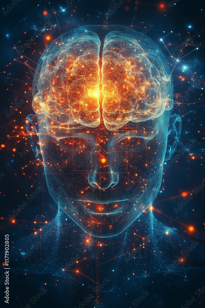 Poster human brain showing activity and neural connections within a transparent head