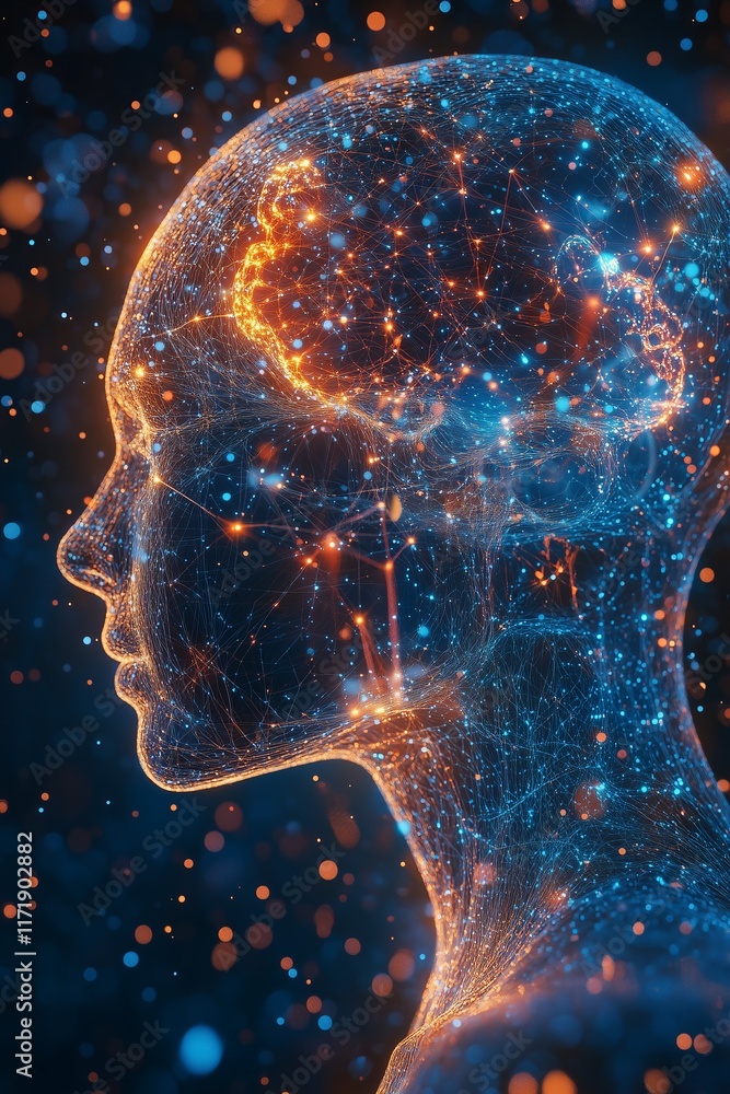 Poster human brain showing activity and neural connections within a transparent head