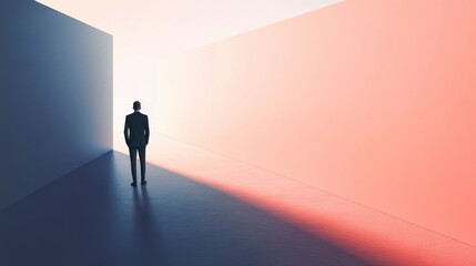 Obraz premium Businessman Contemplating Future in Abstract Corridor - Minimalist Concept