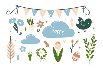 Set of cute Easter characters and elements. Easter bunny, chicks, eggs and flowers. Vector illustration.