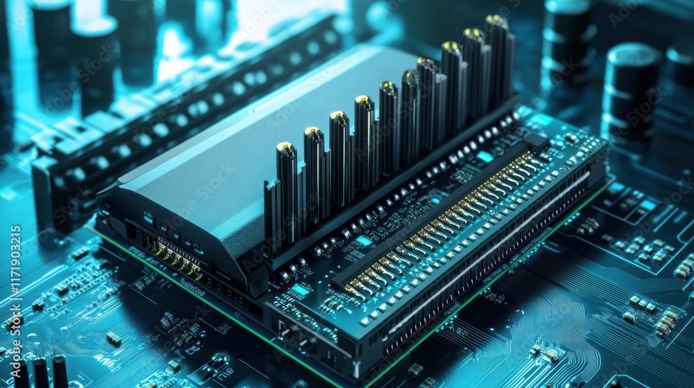 Poster close up of a modern electronic circuit board with glowing connections, highlighting the intricate d