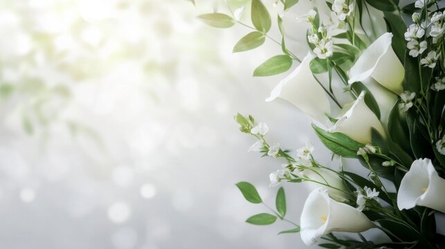 White Calla Lilies and Flowers Bouquet, Soft Light Background, Peaceful Sympathy Card Design