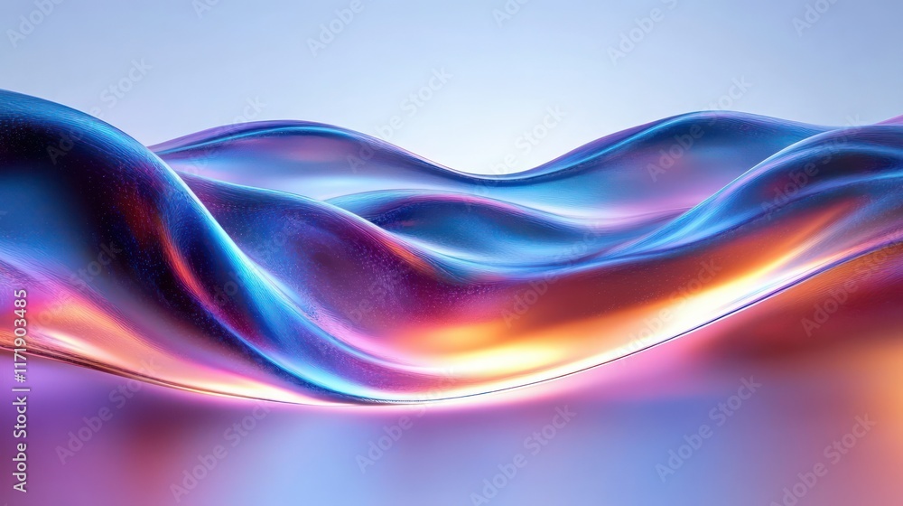 Poster iridescent abstract background design with wavy fluid shapes in 3d render