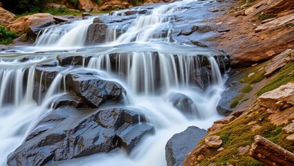 Fototapeta premium Cascading Waterfall Over Smooth Dark Rocks