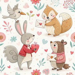 Cute woodland creatures sharing love letters and hearts in a whimsical floral setting