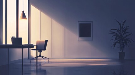 Serene Minimalist Office Workspace at Sunrise - Peaceful Morning