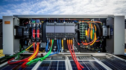 Solar panel inverter with colorful cables connecting to solar panels, generating clean energy under a bright blue sky with clouds, showcasing sustainable technology