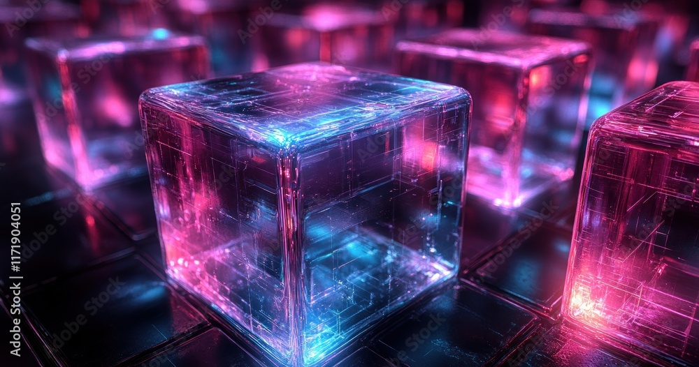Aufkleber futuristic abstract design with translucent geometric shapes and illuminated blocks on black backgro