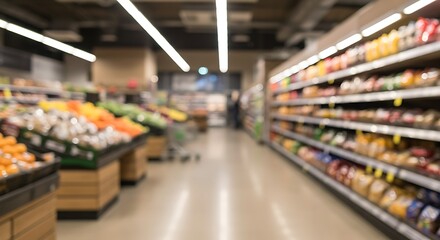 Fototapeta premium Blurred Bokeh Background of a Modern Supermarket - A Captivating Visual Experience of Retail Aisles, Shelves, and Shopping Carts in a Contemporary Shopping Environment