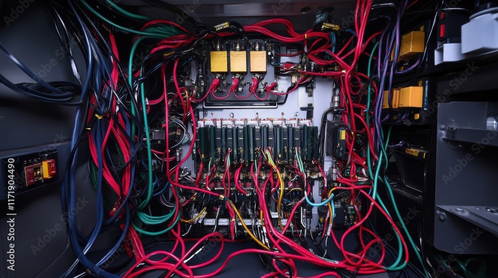 Poster intricate network of colorful wires and cables connecting various electronic components and modules 