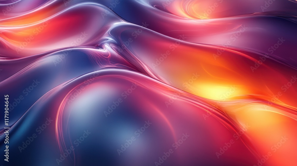 Poster iridescent abstract curves with vibrant colors and deep shadows in dark background