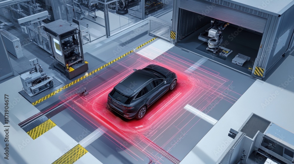 Aufkleber autonomous electric car moving inside a smart factory, guided by sensor data and artificial intellig