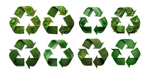 Obraz premium Various Green Recycle Symbols Isolated on Transparent Background
