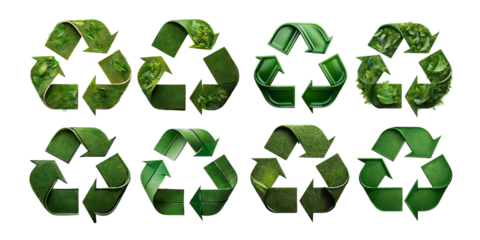 Various Green Recycle Symbols Isolated on Transparent Background