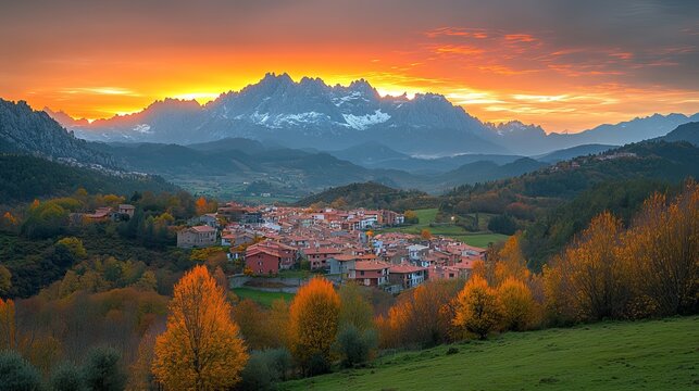 Panoramic view of the scenic cityscape of Triano, Italy at sunset with mountain range and skyline, showcasing warm orange tones, peaceful twilight atmosphere, and picturesque architecture