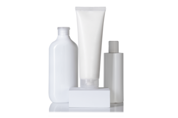 White blank tube, bottle and dispenser isolated with reflection. Beauty product mockup template. Care about hands, face, legs and body skin. Empty place for text or logo.