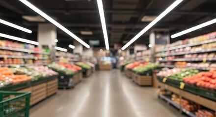 Blurred Bokeh Background of a Modern Supermarket - A Captivating Visual Experience of Retail Aisles, Shelves, and Shopping Carts in a Contemporary Shopping Environment
