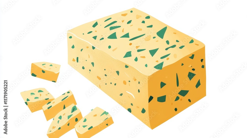 Poster Colorful Cheese Block with Green Bits and Slices on White Background