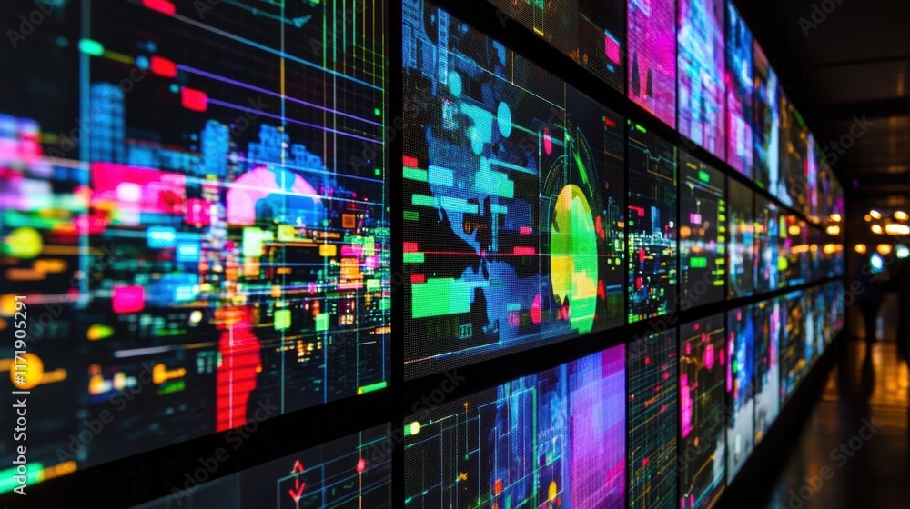 Poster multiple monitors displaying colorful infographics, charts, and world maps, representing big data vi