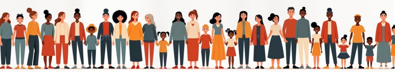 Fototapeta premium Diverse group of mothers, children stand together holding hands. Family unity, love. Different ethnicities. Illustration highlights international mother day celebration. Various ages, styles. Modern