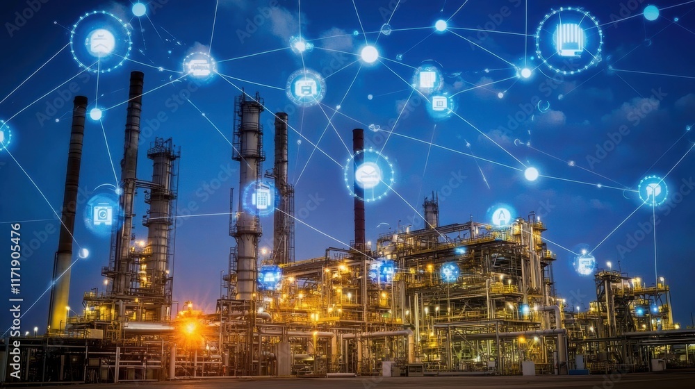 Poster futuristic oil refinery plant using artificial intelligence and machine learning to automate industr