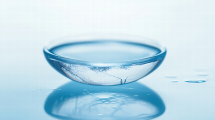 close up of contact lens resting on reflective surface, showcasing intricate details and serene blue hue. image evokes sense of clarity and precision