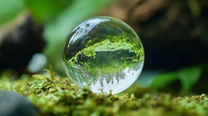 close up of crystal clear bubble reflecting lush greenery and trees, showcasing nature beauty in serene environment. vibrant colors and details create calming atmosphere