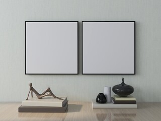 Mockup of two square frames on a wall and interior decoration on a table. 3D rendering, interior design, 3D illustration
