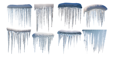 Various Ice Formations with Icicles and Snowy Roof Edges