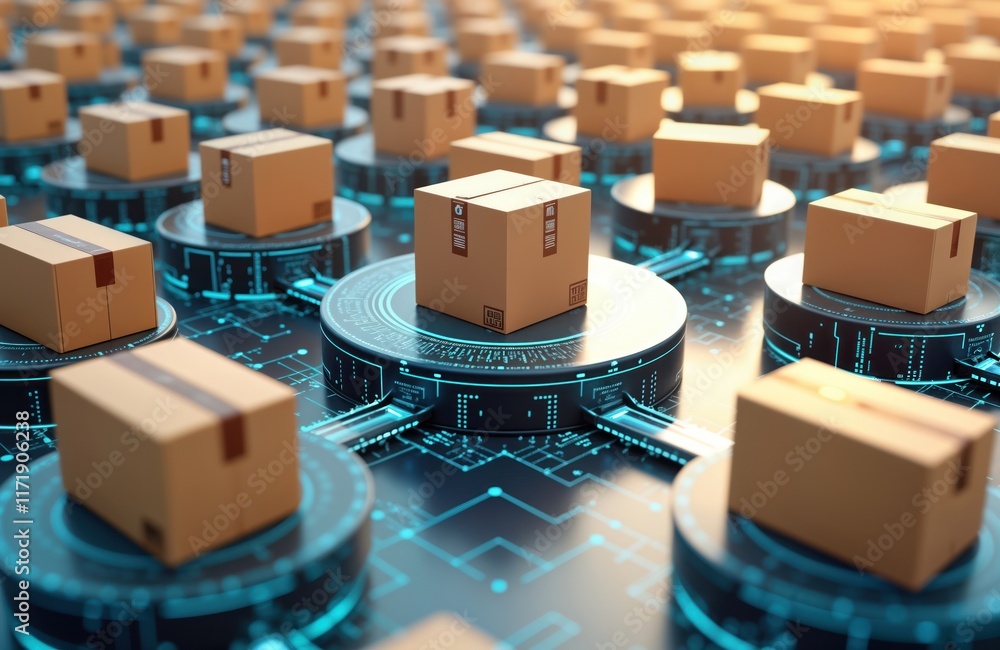 Poster automated logistics system transports packages on circular platforms. tech-driven online shopping co