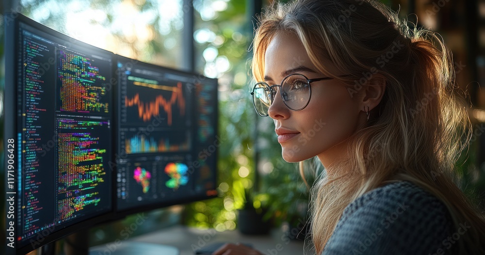 Poster business analytics dashboard with colorful data visualizations in modern office workspace