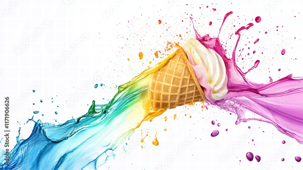 Poster colorful ice cream cone with playful splash of vibrant liquids, creating joyful and refreshing scene